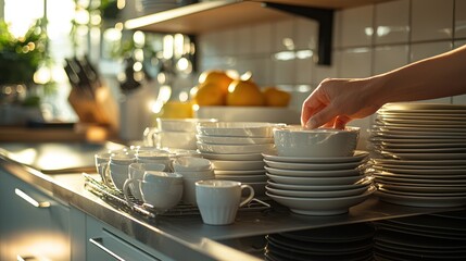 Woman stacking dishes in sunlit modern kitchen