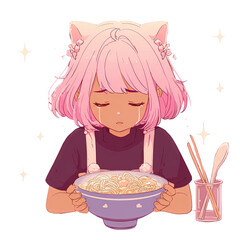 An anime girl crying while holding a bowl of ramen isolated on transparent background