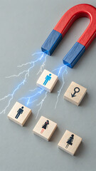 Fototapeta premium Red and Blue Horseshoe Magnet Attracting Wooden Blocks with Male and Female Figures and Gender Symbols Lightning Bolts on Grey Background