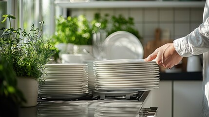 Woman stacking plates in bright kitchen, plants, sunlight