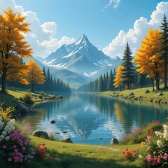 Fototapeta premium Golden Lake in Autumn: Peaceful Scenery with Autumn-Colored Trees and Snow-Capped Mountains Reflected on the Calm Surface