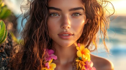 Woman, tropical flowers, beach sunset, beauty portrait