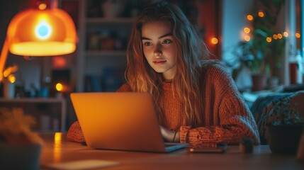 Woman using laptop, cozy home, night, warm lights, studying