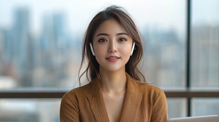 Woman video conferencing, office, city view, earphones