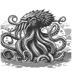 Fototapeta premium mythological kraken or octopus with twisting tentacles and a fierce expression sketch engraving generative ai vector illustration. Scratch board imitation. Black and white image.