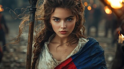 Woman, warrior, flag, battlefield, torches, night, defiance, fantasy