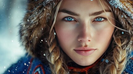 Woman, winter, snow, portrait, forest, eyes, beauty, cold, fashion, editorial