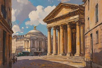 Obraz premium Beautiful Paris street view showcasing the Pantheon with sunlit architecture and vibrant sky, Paris street overlooking the Pantheon, Europe