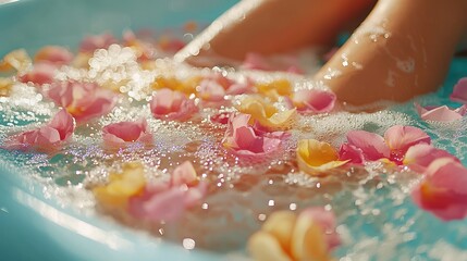 Woman's feet in rose petal foot bath, spa, relaxation