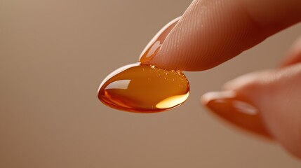 Woman's finger holding amber gel capsule against beige