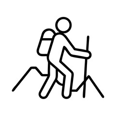 Hiking adventure icon vector illustration: outdoor trekking with backpack and walking stick on mountain trip