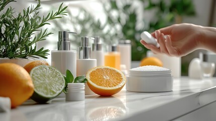 Woman's hand adding bath salt, citrus fruits, spa
