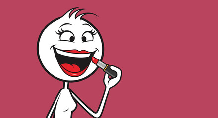 Comical cartoon girl applying red lipstick makeup on her lips - isolated color background illustration