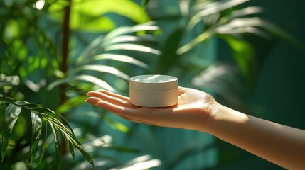 Woman's hand holding cream jar, lush foliage background, beauty product display