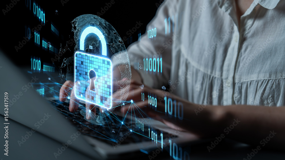 Poster cyber security protects against breaches, hacks, and network attacks using strong infrastructure and