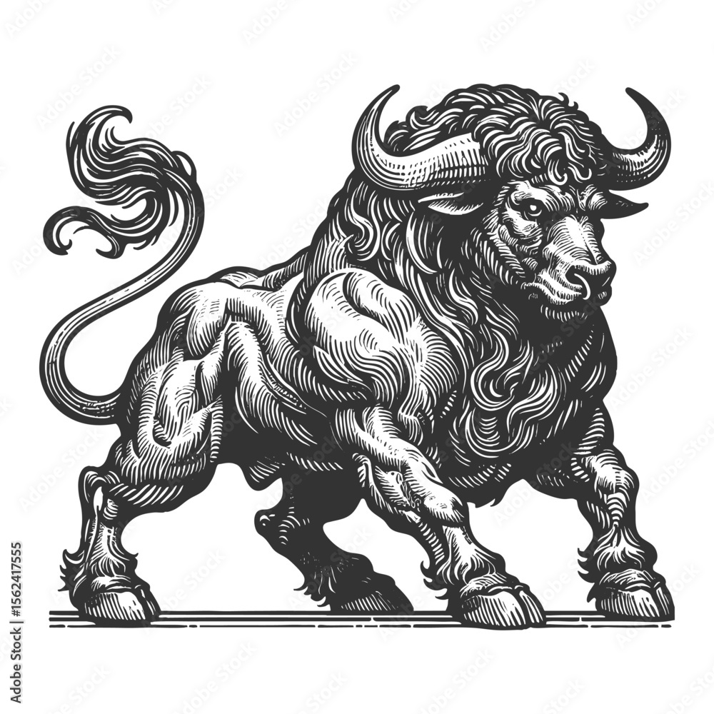 Wall mural powerful bull sketch engraving generative ai fictional character vector illustration. scratch board 