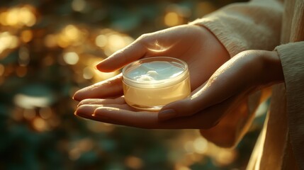 Woman's hands hold cream jar, sunset garden