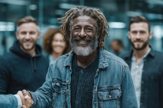 Diverse business team shaking hands in modern glass conference room