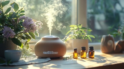Wooden diffuser steaming near window, plants, oils