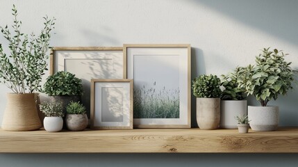 Wooden shelf plants frames sunlight interior design