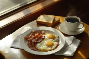 Homemade American breakfast. Fried eggs with bacon and toast, a cup of coffee on a wooden table. Healthy breakfast. The concept of healthy eating. Morning Sunlight