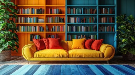 Yellow sofa, colorful bookshelves, reading room, home interior design