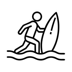 Surfing outline icon man carrying surfboard in ocean waves vector summer sport illustration design