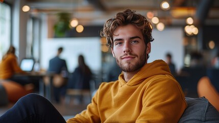 Young man smiling, office coworking space, busy background, portrait