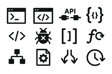 12 black IT coding icons. Solid vector for scripting, programming, and automation.