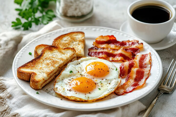 Homemade American breakfast. Fried eggs with bacon and toast, a cup of coffee and a fork on a white table. Healthy breakfast. The concept of healthy eating