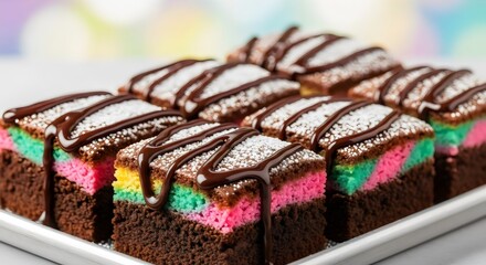 Colorful rainbow layered brownies with chocolate drizzle on a tray