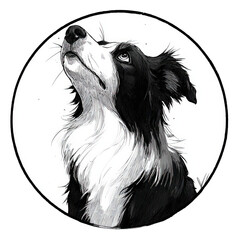 Black and white drawing of a border collie dog isolated on transparent background