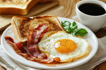 Homemade American breakfast. Fried eggs with bacon and toast, a cup of coffee on a wooden table. Healthy breakfast. The concept of healthy eating. Morning Sunlight