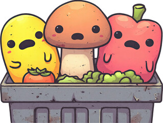 Cute cartoon vegetables in a basket isolated on transparent background