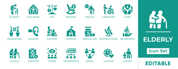 Elderly Icon Set. Features icons of senior care, nursing, walking aids, retirement, health monitoring, and support. Perfect for healthcare, caregiving, and social services.