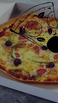 Animation of pizza slice over box with pizza