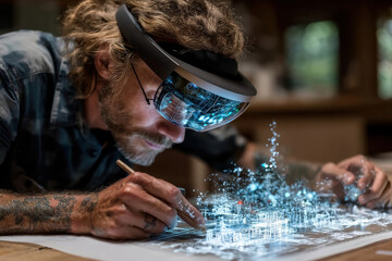 Designer using augmented reality headset to interact with blueprint and holographic annotations