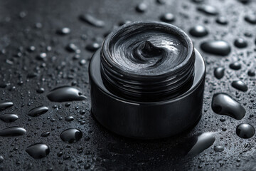 Sleek black jar of activated charcoal gel on glossy liquid surface with dramatic lighting