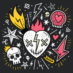 Punk Doodle Hand-Drawn Vector Set, Grunge Graffiti Rock Sketch Icons on Chalk Background