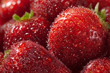 Fresh Strawberries Covered with Water Droplets Highlighted in Close-Up View