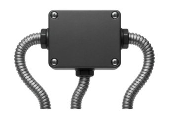 A junction box with flexible conduit attachments, suitable for wiring under a raised floor in a home office.