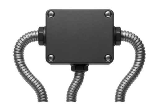 A junction box with flexible conduit attachments, suitable for wiring under a raised floor in a home office.