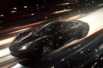 Fototapeta premium High-speed black car racing through a surreal cosmic landscape at night, a black car at high speed is moving in space