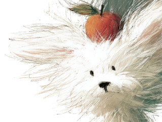 White fluffy dog with apple on head isolated on transparent background