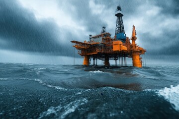 Industrial oil platform operates in rainy offshore conditions during stormy weather in the ocean