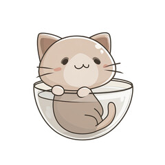 Cartoon cat sitting in a glass bowl isolated on transparent background