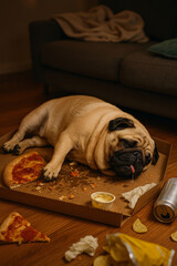 V&ouml;llig ersch&ouml;pfter Mops liegt in leerer Pizzaschachtel nach Fressgelage