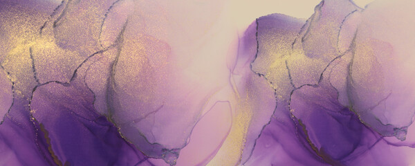 Smoke Art Abstract  Watercolor and Alcohol ink flow blot painting. Marble texture horizontal background. Violet, beige and Gold glitter.