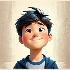 Art illustration: cute cartoon little boy with black hair. Dreaming