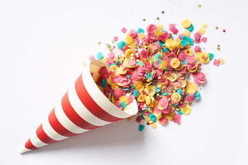 Obraz premium Vibrant confetti explosion from striped party popper celebration colorful